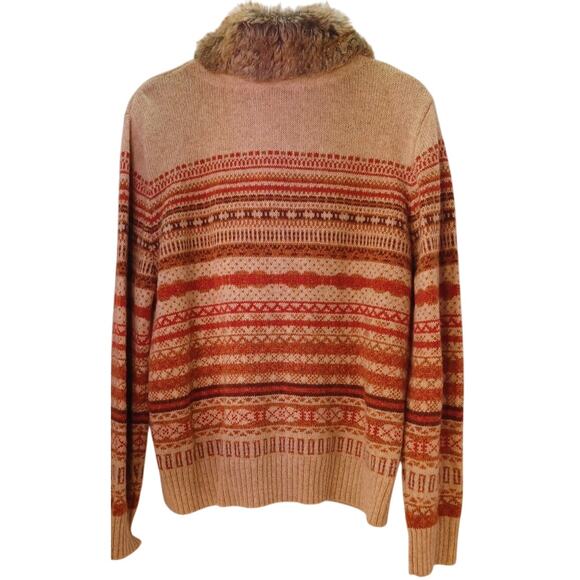 VTG Skyr Wool Cardigan Sweater Removable Faux Fur Collar Fair Isle Size XL 80s - Picture 2 of 6